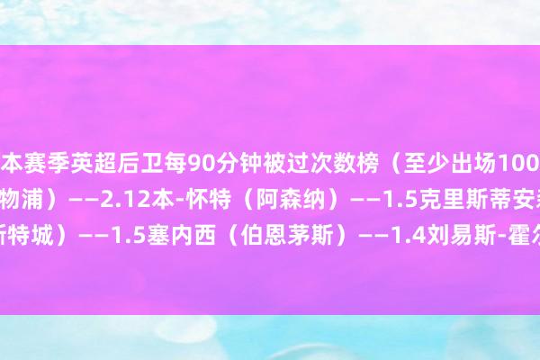 本赛季英超后卫每90分钟被过次数榜（至少出场1000分钟）：阿诺德（利物浦）——2.12本-怀特（阿森纳）——1.5克里斯蒂安森（莱斯特城）——1.5塞内西（伯恩茅斯）——1.4刘易斯-霍尔（纽卡）——1.4    体育赛事直播
