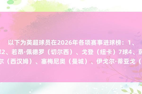 以下为英超球员在2026年各项赛事进球榜：1、约克雷斯（阿森纳）8球2、若昂·佩德罗（切尔西）、戈登（纽卡）7球4、萨默维尔（西汉姆）、塞梅尼奥（曼城）、伊戈尔·蒂亚戈（布伦特福德）6球    体育最新信息