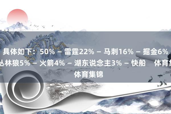 具体如下：50% — 雷霆22% — 马刺16% — 掘金6% — 丛林狼5% — 火箭4% — 湖东说念主3% — 快船    体育集锦